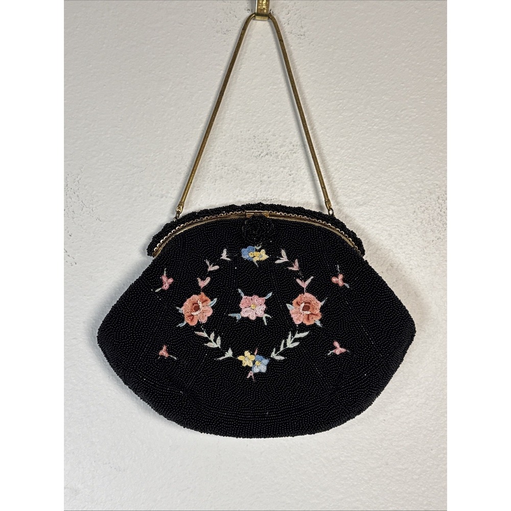 Vintage Hand Beaded Embroidery Chain Top Handle Purse Clutch Floral Satin Lining